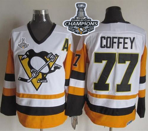 Penguins #77 Paul Coffey White/Black CCM Throwback Stanley Cup Finals Champions Stitched NHL Jersey - Click Image to Close